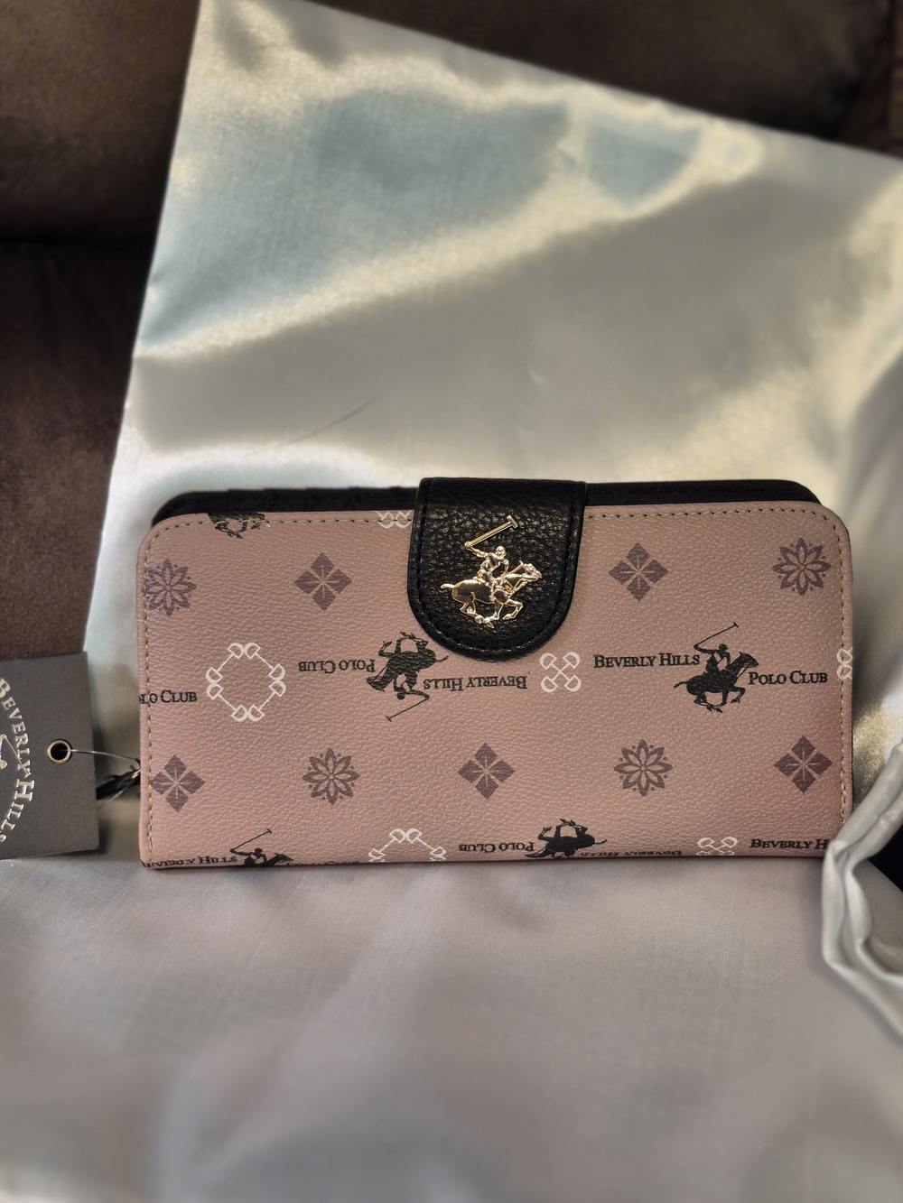 Beverly Hills Polo Club Tan Blush Logo Zip Wallet with Black Snap